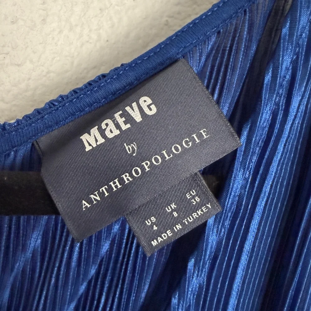Maeve Sonata Belted Plisse Pleated Belt Tie Wide Leg Blue Jumpsuit